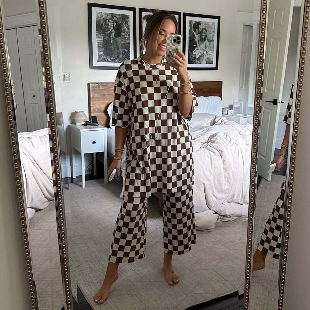 Star Blvd - Ribbed Checkerboard Playsuit in Brown + White